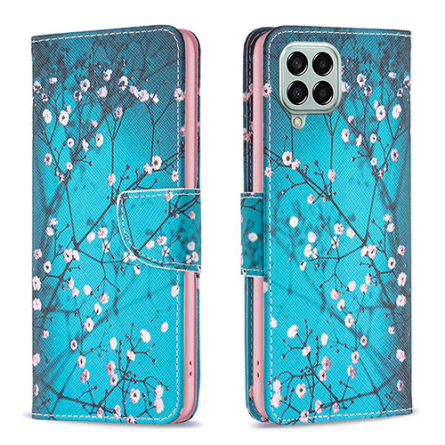 Leather Case Stands Fashionable Pattern Flip Cover Holder B01F for Samsung Galaxy M33 5G Cyan