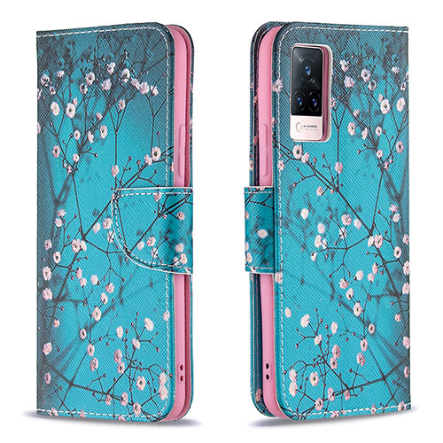 Leather Case Stands Fashionable Pattern Flip Cover Holder B01F for Vivo V21s 5G Cyan