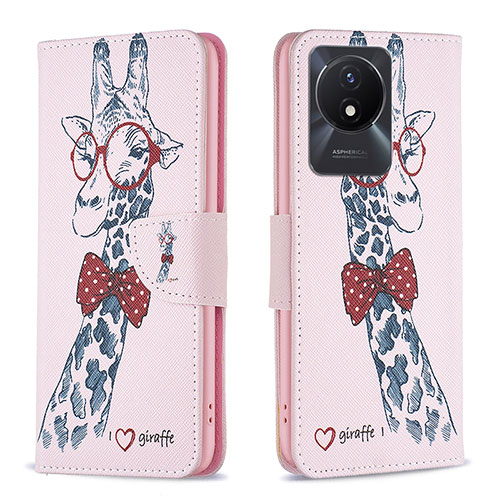 Leather Case Stands Fashionable Pattern Flip Cover Holder B01F for Vivo Y02 Pink