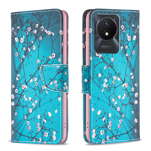 Leather Case Stands Fashionable Pattern Flip Cover Holder B01F for Vivo Y02A Cyan