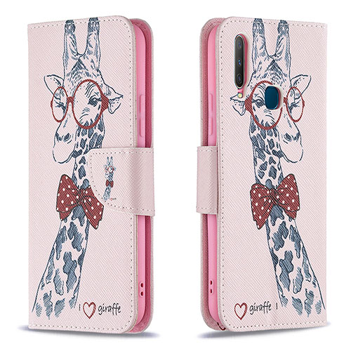 Leather Case Stands Fashionable Pattern Flip Cover Holder B01F for Vivo Y12 Pink