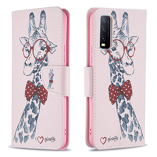 Leather Case Stands Fashionable Pattern Flip Cover Holder B01F for Vivo Y12s (2021) Pink