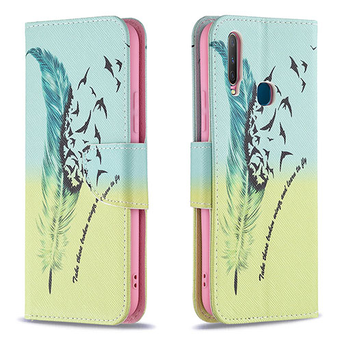 Leather Case Stands Fashionable Pattern Flip Cover Holder B01F for Vivo Y15 Matcha Green