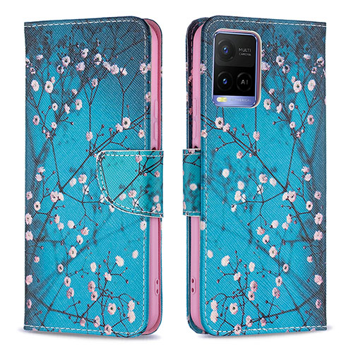 Leather Case Stands Fashionable Pattern Flip Cover Holder B01F for Vivo Y21 Cyan