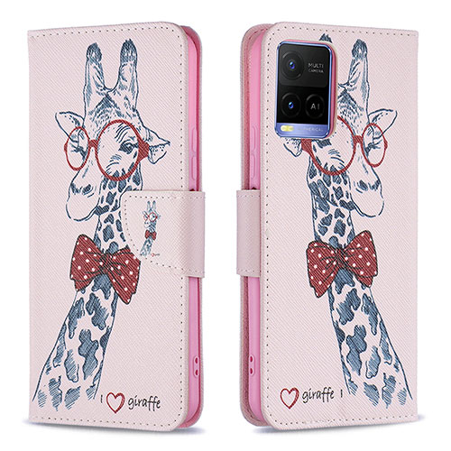 Leather Case Stands Fashionable Pattern Flip Cover Holder B01F for Vivo Y21 Pink