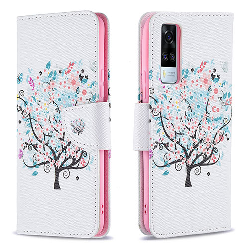 Leather Case Stands Fashionable Pattern Flip Cover Holder B01F for Vivo Y31 (2021) White