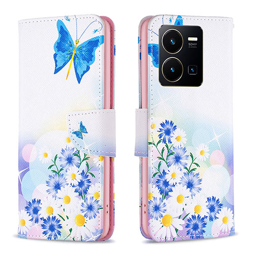 Leather Case Stands Fashionable Pattern Flip Cover Holder B01F for Vivo Y35 4G Blue