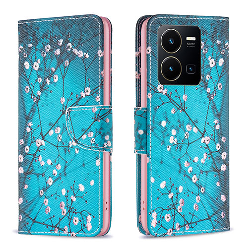 Leather Case Stands Fashionable Pattern Flip Cover Holder B01F for Vivo Y35 4G Cyan