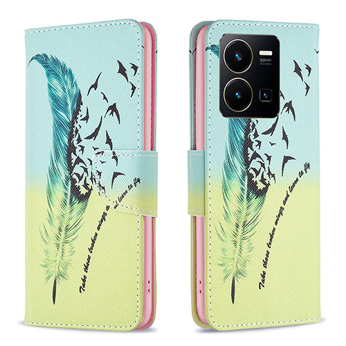 Leather Case Stands Fashionable Pattern Flip Cover Holder B01F for Vivo Y35 4G Matcha Green