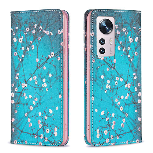 Leather Case Stands Fashionable Pattern Flip Cover Holder B01F for Xiaomi Mi 12 5G Cyan