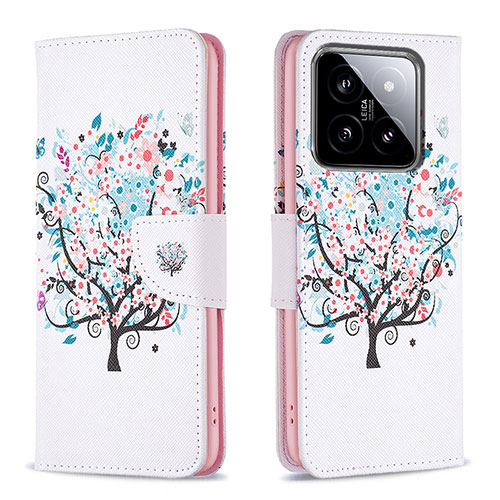 Leather Case Stands Fashionable Pattern Flip Cover Holder B01F for Xiaomi Mi 14 5G White