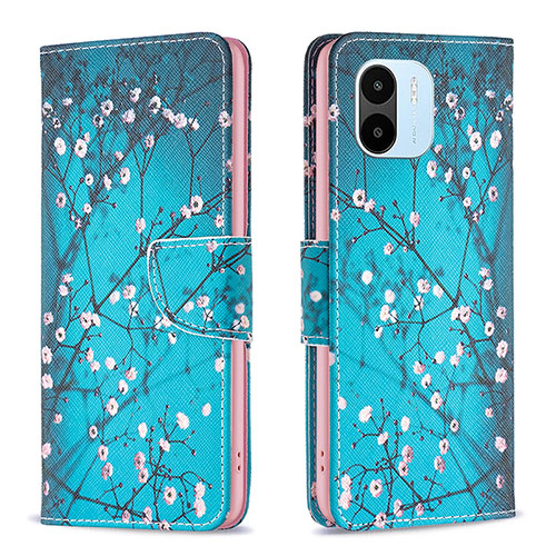 Leather Case Stands Fashionable Pattern Flip Cover Holder B01F for Xiaomi Poco C50 Cyan