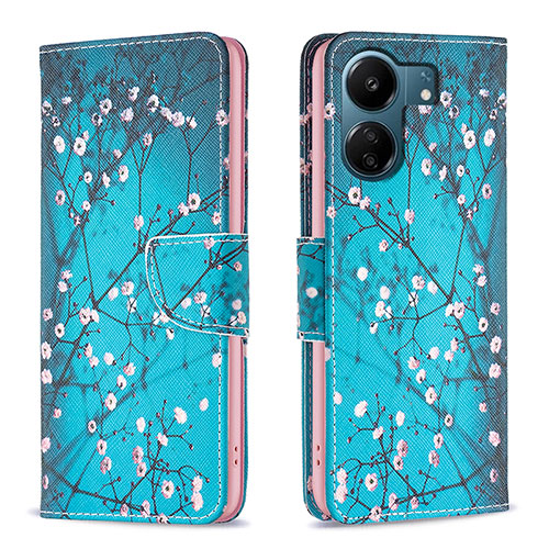 Leather Case Stands Fashionable Pattern Flip Cover Holder B01F for Xiaomi Poco C65 Cyan