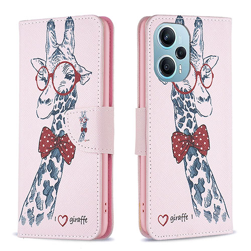 Leather Case Stands Fashionable Pattern Flip Cover Holder B01F for Xiaomi Poco F5 5G Pink