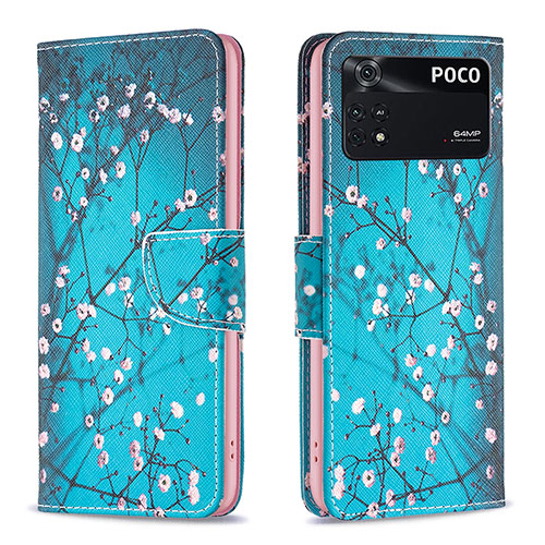 Leather Case Stands Fashionable Pattern Flip Cover Holder B01F for Xiaomi Poco M4 Pro 4G Cyan