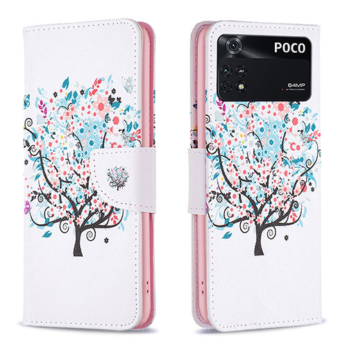 Leather Case Stands Fashionable Pattern Flip Cover Holder B01F for Xiaomi Poco M4 Pro 4G White