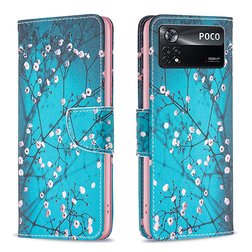 Leather Case Stands Fashionable Pattern Flip Cover Holder B01F for Xiaomi Poco X4 Pro 5G Cyan