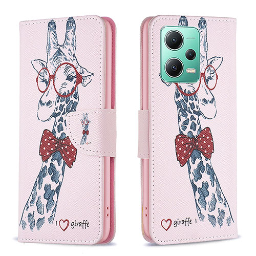 Leather Case Stands Fashionable Pattern Flip Cover Holder B01F for Xiaomi Poco X5 5G Pink