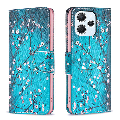 Leather Case Stands Fashionable Pattern Flip Cover Holder B01F for Xiaomi Redmi 12 4G Cyan