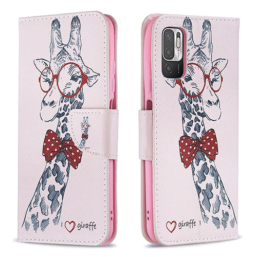 Leather Case Stands Fashionable Pattern Flip Cover Holder B01F for Xiaomi Redmi Note 10 5G Pink