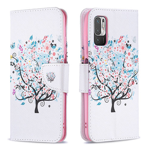 Leather Case Stands Fashionable Pattern Flip Cover Holder B01F for Xiaomi Redmi Note 10 5G White
