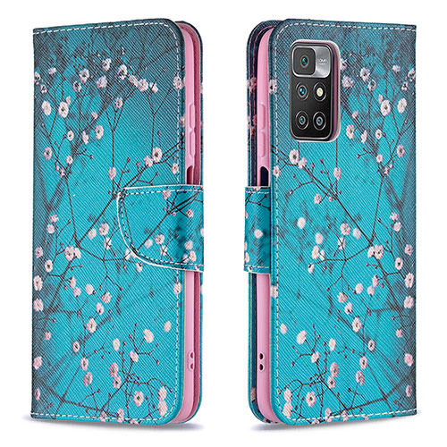 Leather Case Stands Fashionable Pattern Flip Cover Holder B01F for Xiaomi Redmi Note 11 4G (2021) Cyan