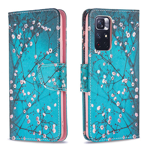 Leather Case Stands Fashionable Pattern Flip Cover Holder B01F for Xiaomi Redmi Note 11 5G Cyan