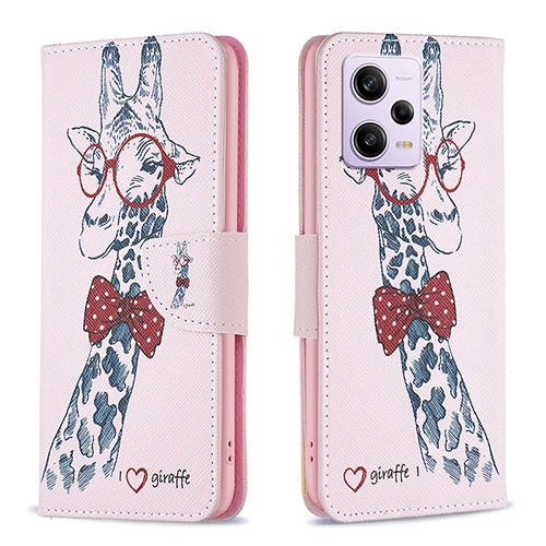 Leather Case Stands Fashionable Pattern Flip Cover Holder B01F for Xiaomi Redmi Note 12 Pro 5G Pink