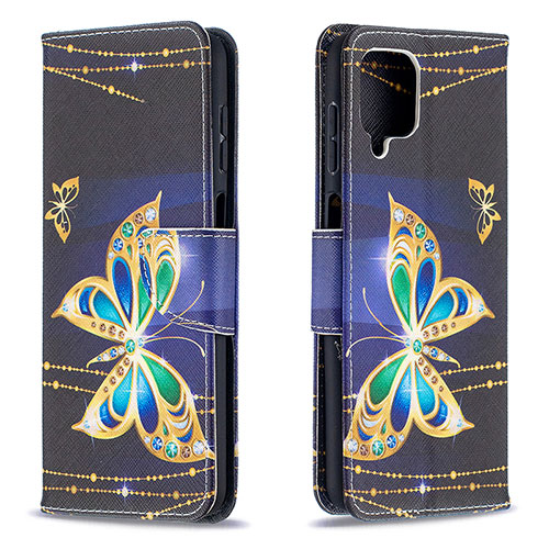 Leather Case Stands Fashionable Pattern Flip Cover Holder B03F for Samsung Galaxy F12 Black