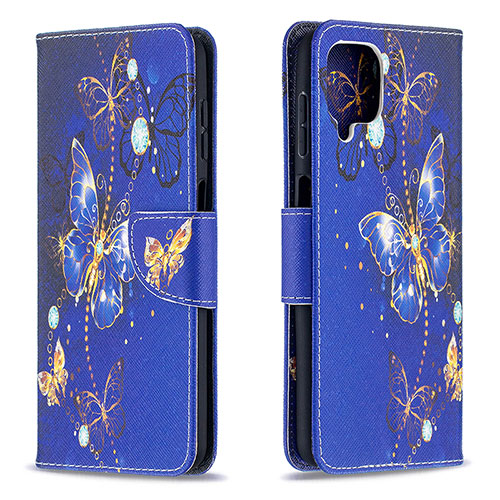 Leather Case Stands Fashionable Pattern Flip Cover Holder B03F for Samsung Galaxy F12 Navy Blue