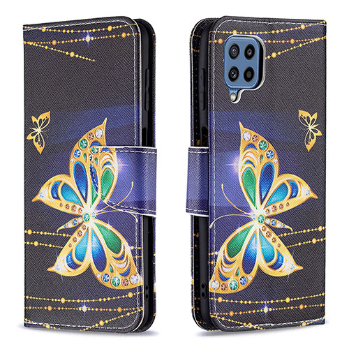 Leather Case Stands Fashionable Pattern Flip Cover Holder B03F for Samsung Galaxy M32 4G Black