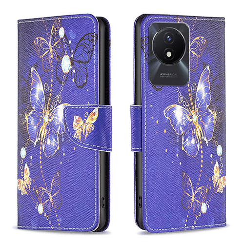 Leather Case Stands Fashionable Pattern Flip Cover Holder B03F for Vivo Y02A Navy Blue