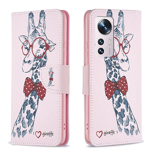 Leather Case Stands Fashionable Pattern Flip Cover Holder B03F for Xiaomi Mi 12 5G Pink