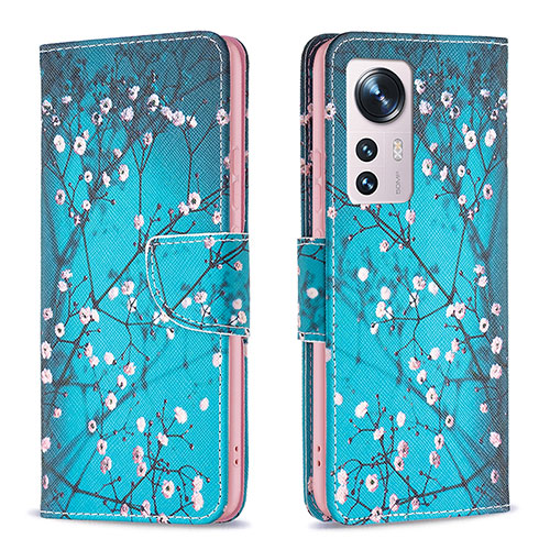 Leather Case Stands Fashionable Pattern Flip Cover Holder B03F for Xiaomi Mi 12 Pro 5G Cyan