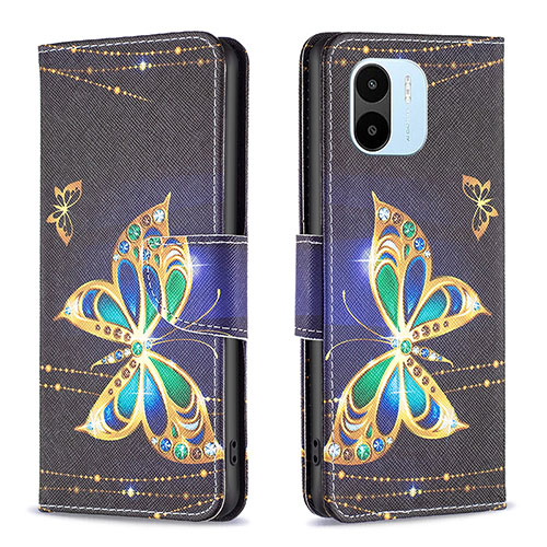 Leather Case Stands Fashionable Pattern Flip Cover Holder B03F for Xiaomi Poco C51 Black