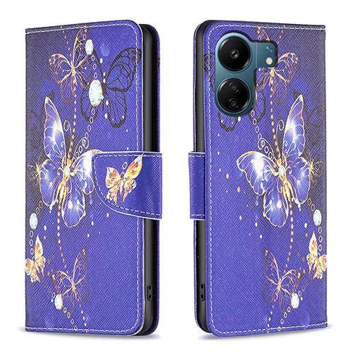 Leather Case Stands Fashionable Pattern Flip Cover Holder B03F for Xiaomi Poco C65 Navy Blue