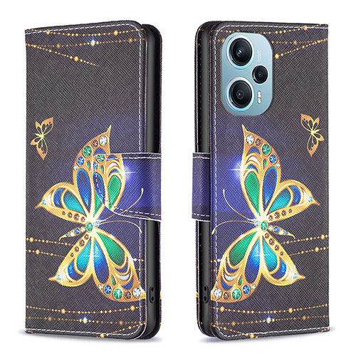 Leather Case Stands Fashionable Pattern Flip Cover Holder B03F for Xiaomi Poco F5 5G Black