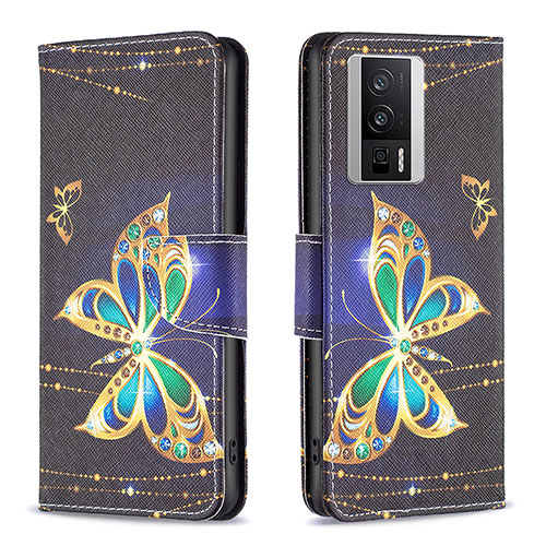 Leather Case Stands Fashionable Pattern Flip Cover Holder B03F for Xiaomi Poco F5 Pro 5G Black