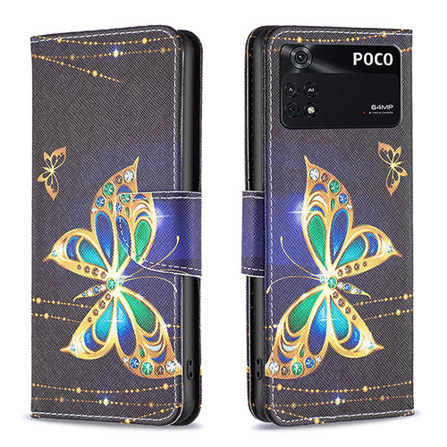 Leather Case Stands Fashionable Pattern Flip Cover Holder B03F for Xiaomi Poco M4 Pro 4G Black