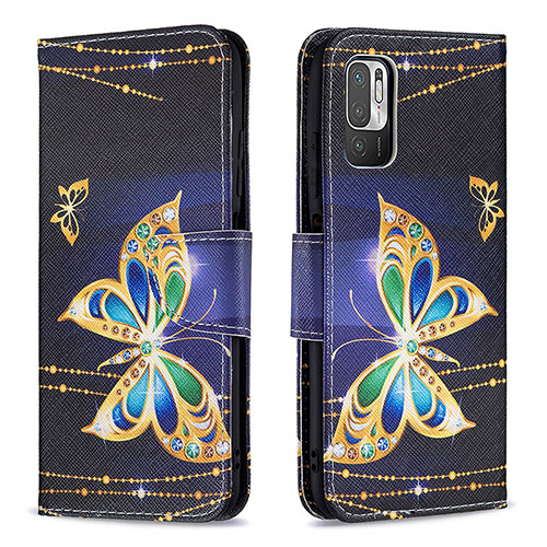 Leather Case Stands Fashionable Pattern Flip Cover Holder B03F for Xiaomi Redmi Note 10 5G Black