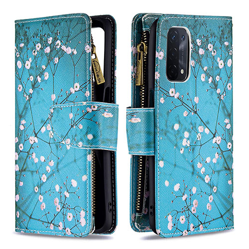 Leather Case Stands Fashionable Pattern Flip Cover Holder B04F for Oppo A74 5G Cyan