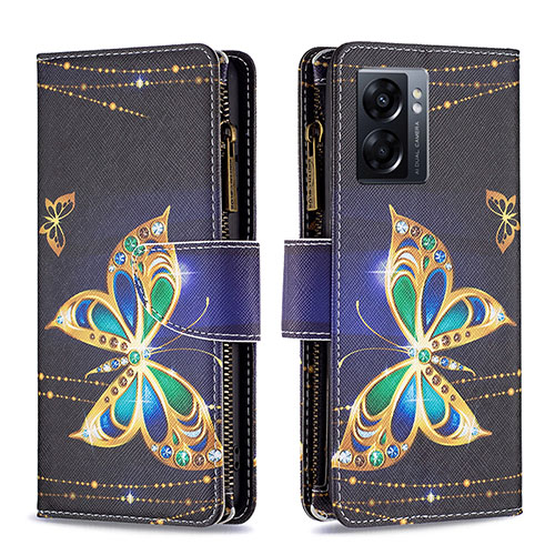 Leather Case Stands Fashionable Pattern Flip Cover Holder B04F for Oppo A77 5G Black