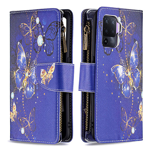 Leather Case Stands Fashionable Pattern Flip Cover Holder B04F for Oppo A94 4G Navy Blue