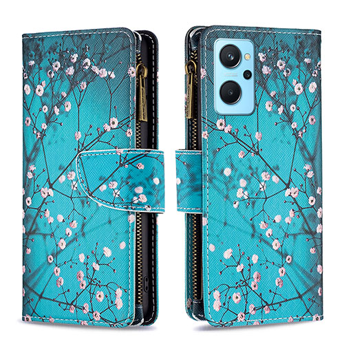 Leather Case Stands Fashionable Pattern Flip Cover Holder B04F for Oppo A96 4G Cyan