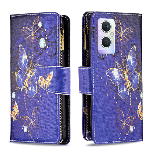 Leather Case Stands Fashionable Pattern Flip Cover Holder B04F for Oppo A96 5G Navy Blue