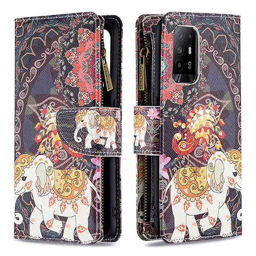 Leather Case Stands Fashionable Pattern Flip Cover Holder B04F for Oppo F19 Pro+ Plus 5G Brown