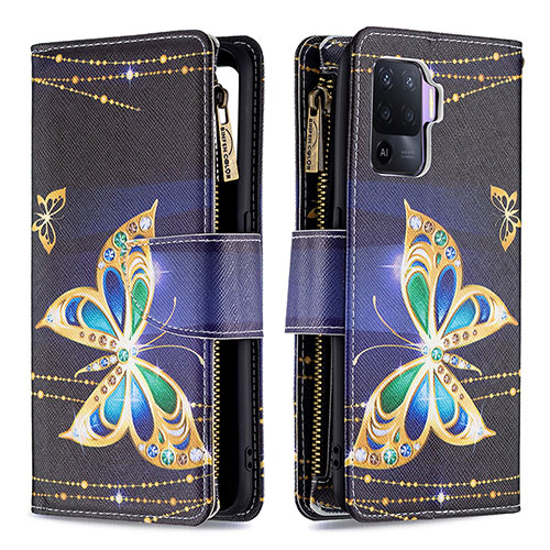 Leather Case Stands Fashionable Pattern Flip Cover Holder B04F for Oppo Reno5 Lite Black