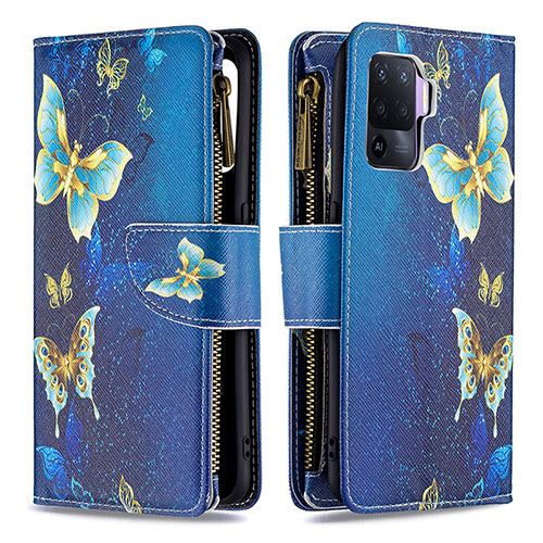 Leather Case Stands Fashionable Pattern Flip Cover Holder B04F for Oppo Reno5 Lite Blue
