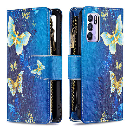 Leather Case Stands Fashionable Pattern Flip Cover Holder B04F for Oppo Reno6 5G Blue