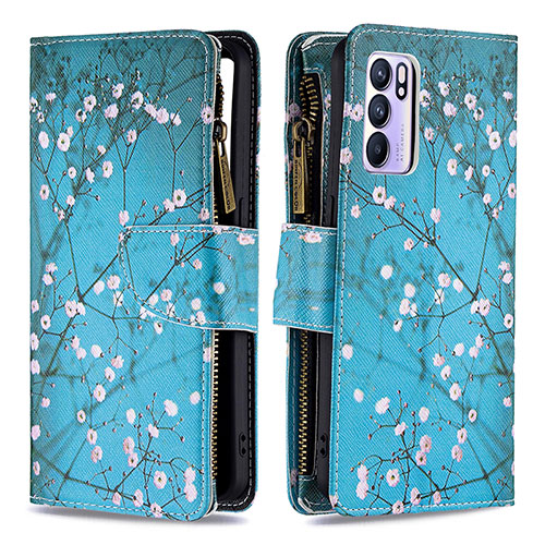 Leather Case Stands Fashionable Pattern Flip Cover Holder B04F for Oppo Reno6 5G Cyan